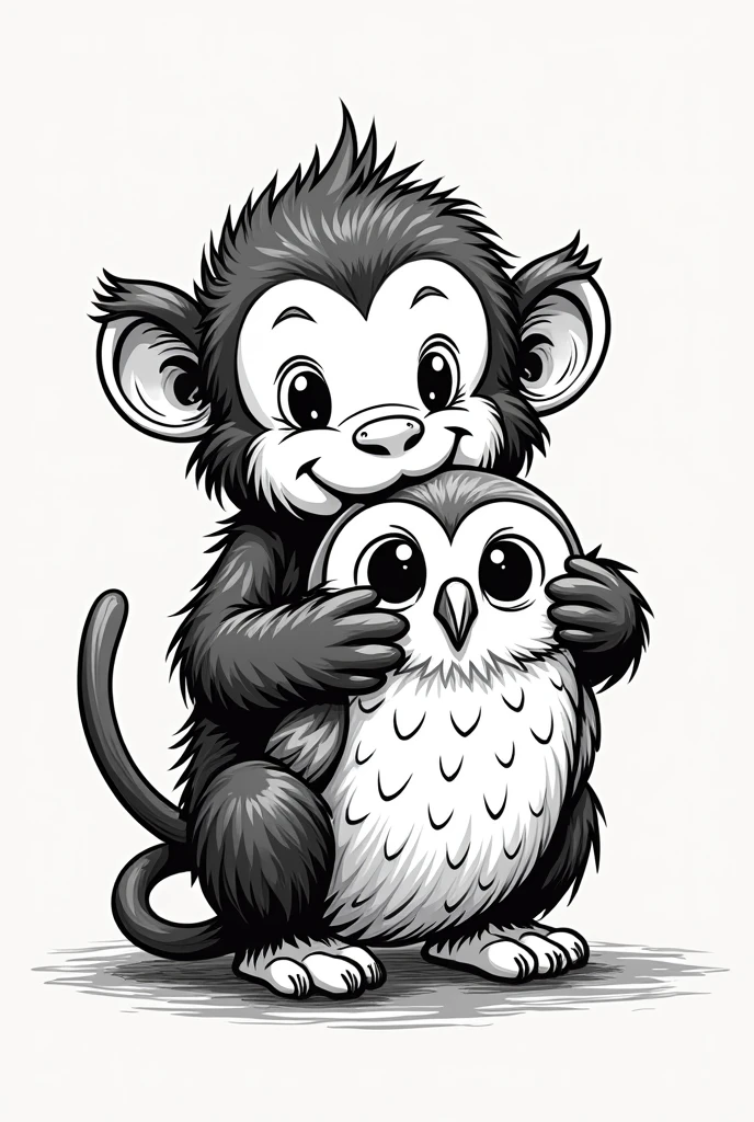 (black and white) logo, (hand-drawn) Japanese vintage comic art style, cute cheeky monkey, posing playfully with hands on a best friend owl's head, whimsical design, friendly atmosphere, intricate details, outlines, dynamic expressions, playful interaction, unique branding concept, delightful character illustration, perfect for an inviting and cheerful motif, appealing and memorable artistry.
