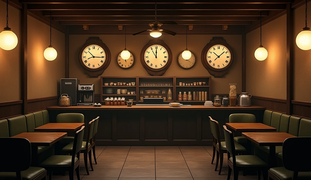 an underground Japanese coffee shop built in 1800, windowless, with six domed lights hanging from the ceiling, coffee shop tinged with a sepia tone inside, almost no light, very dark, on the wall of the cafeteria there were three large, old wall clocks, each with a different schedule, the coffee shop has three seats at the counter, Behind the counter there is a space for employees to enter and shelves with ingredients and coffee machines, and three tables for two people with chairs with cabriolet legs and moss green upholstery