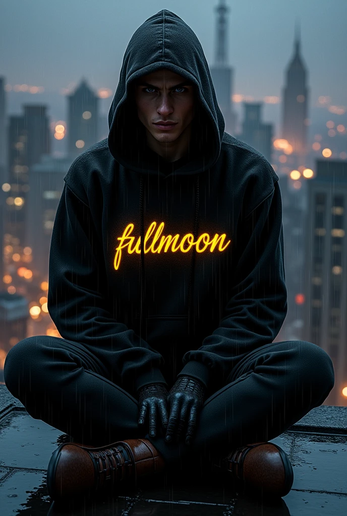 best quality, masterpiece, very high resolution, (photorealistic:1.2), spiderman, (face detail:1.2), (eye detail:1.2), (clothing detail:1.2), 4k,, spiderman is sitting on top of a building, wearing a hoodie black with the words "FULLMOON", (the writing is yellow gold), with rainy weather and dark nights, 34k ultra FULL HD.