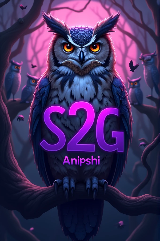 I WANT TO CREATE A LOGO, LET IT BE AN OWL, WITH REAL PURPLE BIG S2G ON IT, WITH ANIPSHI UNDER IT, WITH OWLS IN THE BACKGROUND