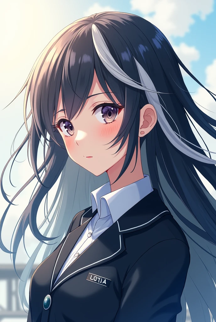 Screenshot my hero academia a pale girl in the UA uniform with white hair with black streaks and anime style freckles with longer hair