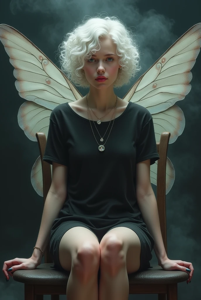  like a fairy face smooth skin pink lips white curly hair perfect body setting on the chair and have necklace with black t-shirt and dark smoke background with big wings of an angel 
