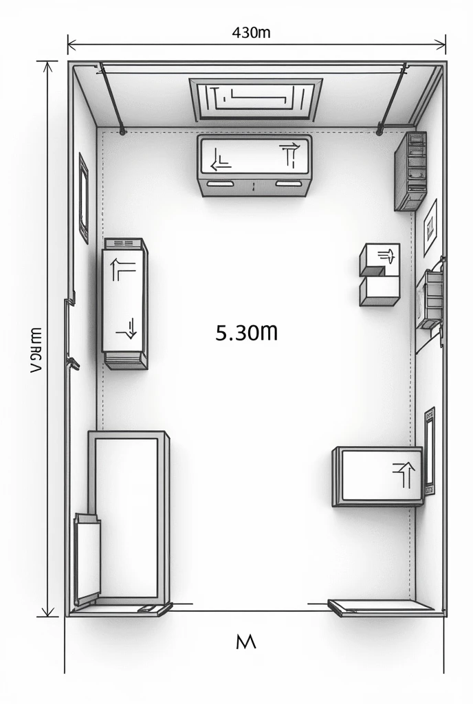 create a floor plan for a store following the measurements below ? back wall with 5,30m long, left side wall with 4,40m, only the measurements of the measurements