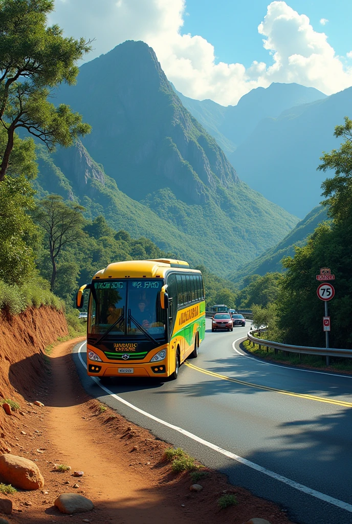 New Tinted Jamaican coach Bus driving tourists going around a corner with a speed limit sign that says 75kmh with mountains in the back and dirt driving on paved road with other cars with Jamaica explor sign on the bus