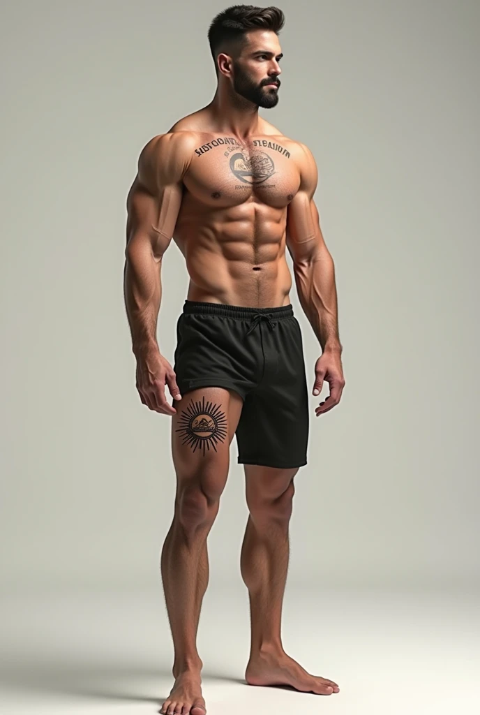 Male tattoo in the middle of the shin written in Latin exovurtum rated between a sun