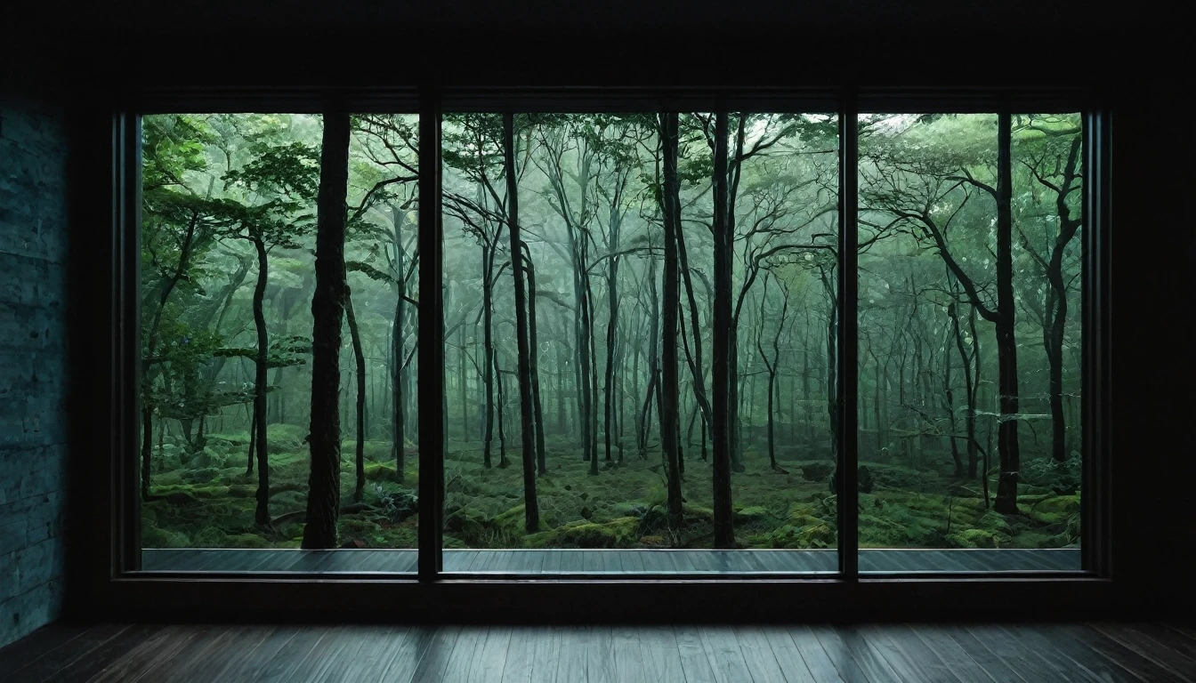 a room with a large window, outside the window is a dark forest
