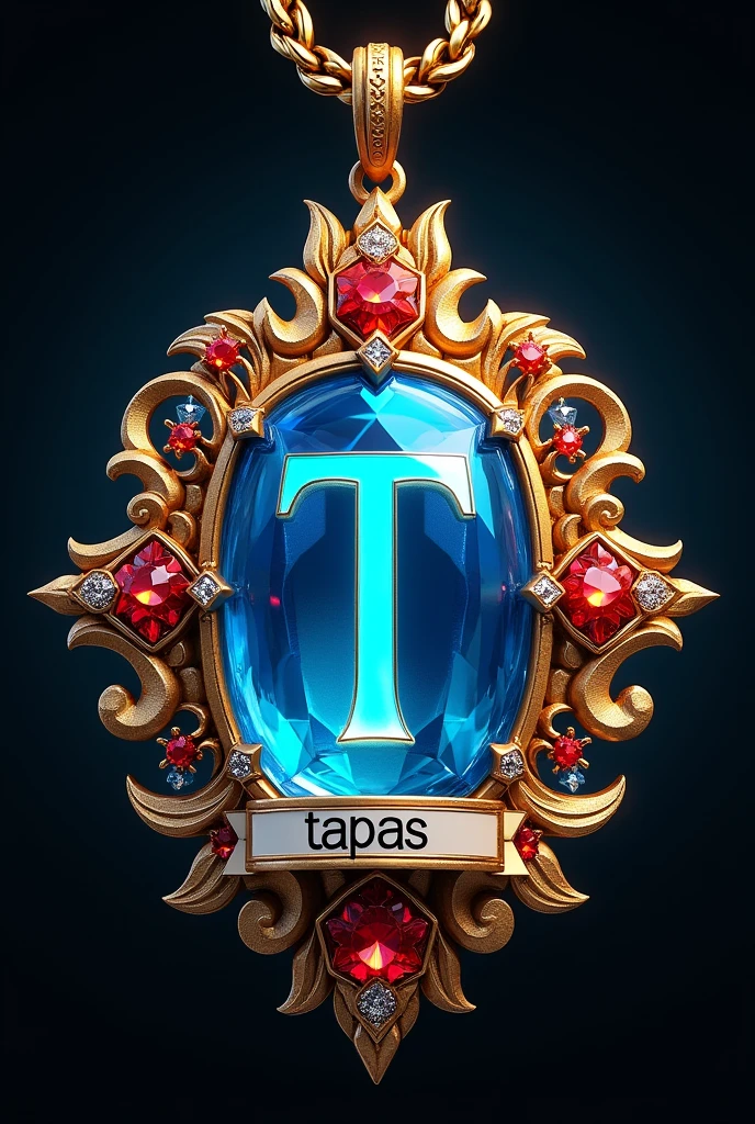 An intricately designed large isolated gold pendant. At its center is a large glowing neon blue gemstone that glows brightly And casts a blue glow around it . The pendant has a large letter ‘T’ on encased in a golden setting. Surrounding the gemstone are ornate gold floral and leaf motifs, adorned with various gemstones, including red rubies and clear white diamonds. The pendant also features a gold ring at its top, and a banner below the gemstone reads 'TAPAS'. The background is dark, emphasizing the shimmering and luxurious appearance of the pendant., photo, 3d render, typography, vibrant