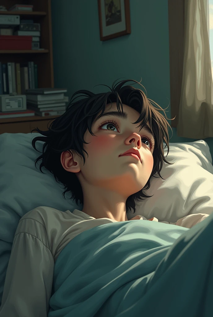 tired adult uni student living hard life doesnt know future and lost in thought remembering old childhood or teenage life was all fun but now everything is tiring lying on bed staring on ceiling