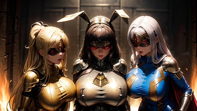 3ladies,being caught,superhero costume,metallic costume,armored bunny costume,huge breasts,blindfold,villain's den