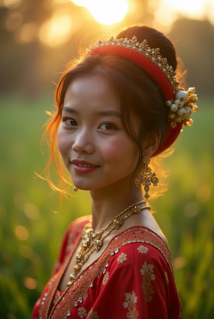 a pretty indonesian girl traditional clothing in the morning smiling light rays golden moments dramatic shot Kodak Portra 800