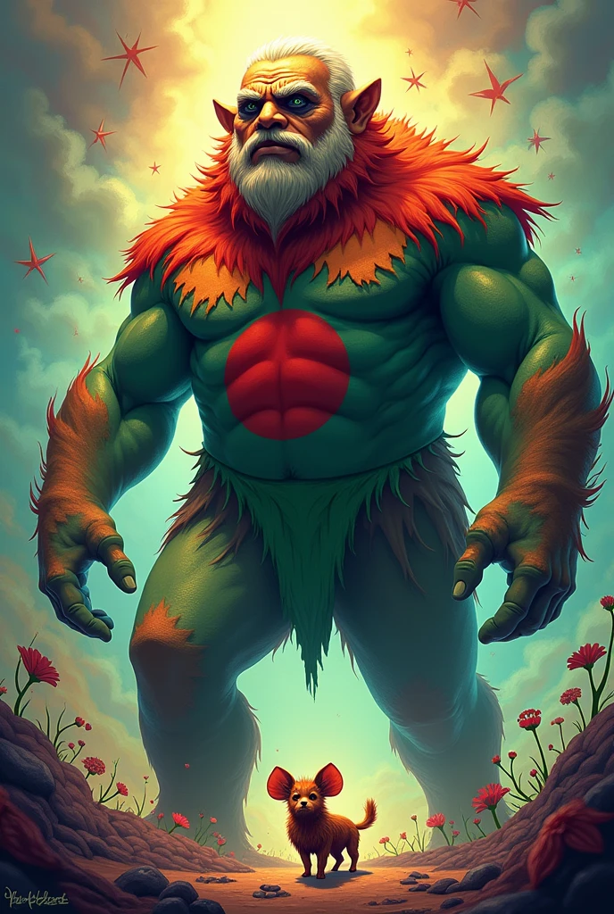 Make a photo about Bangladesh and india relationship of friend but also show background that india has selfish interest and their secret reason of friendliness using colourful animation as india a big monster and Bangladesh a pity animal in Bangladesh flag colour