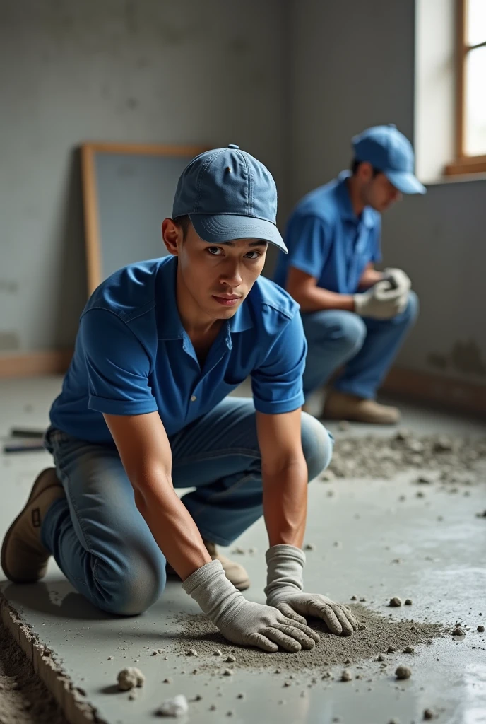  Young slim Latino man with cap and blue uniform making a concrete floor and another man in the background preparing concrete 