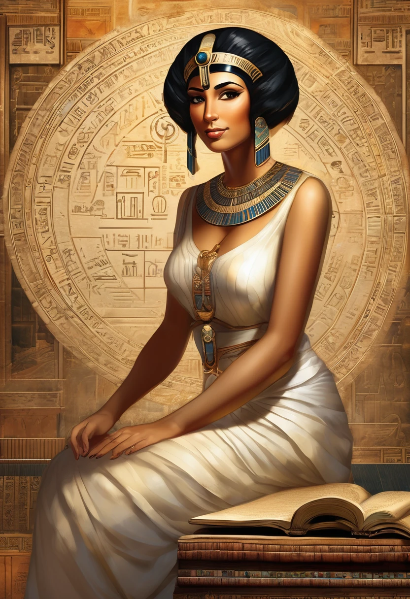 A stunning Cleopatra, dressed in elegant ancient Egyptian attire, surrounded by scrolls, books, and ancient texts. She is seated confidently in a grand palace, exuding both beauty and intelligence. Cleopatra is depicted in a thoughtful pose, her eyes focused on a complex mathematical equation on a papyrus scroll, while other scrolls in various languages are scattered around her. The scene captures her deep knowledge in philosophy and mathematics, with symbols of ancient wisdom like a globe, astrolabe, and hieroglyphs in the background. Soft, warm lighting highlights her features, blending her beauty with an aura of intellectual mastery. The overall atmosphere is one of elegance, intelligence, and power.