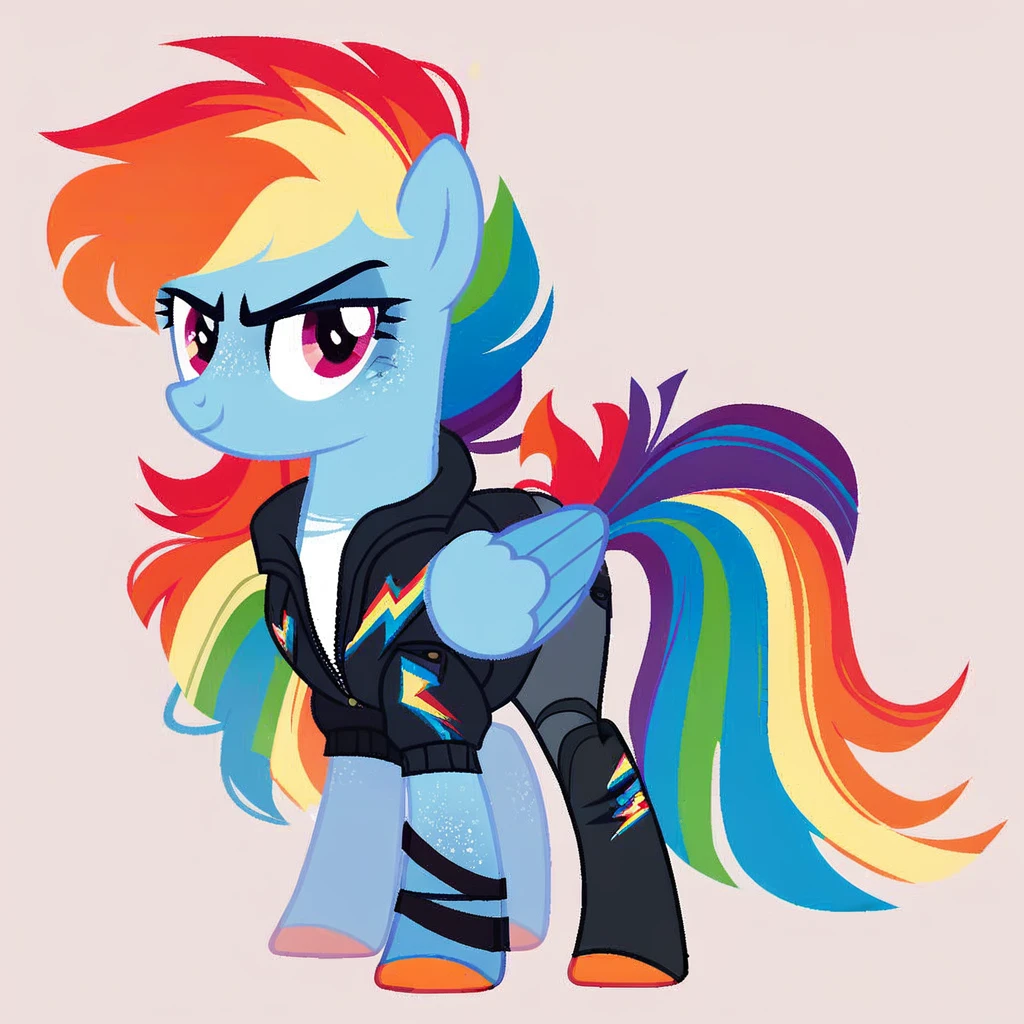 score_9, score_8_up, score_7_up, score_6_up, score_5_up, score_4_up, show accurate, full body, simple background, feral pony, female pony, pegasus, redesign of Rainbow Dash, outfit, acessories