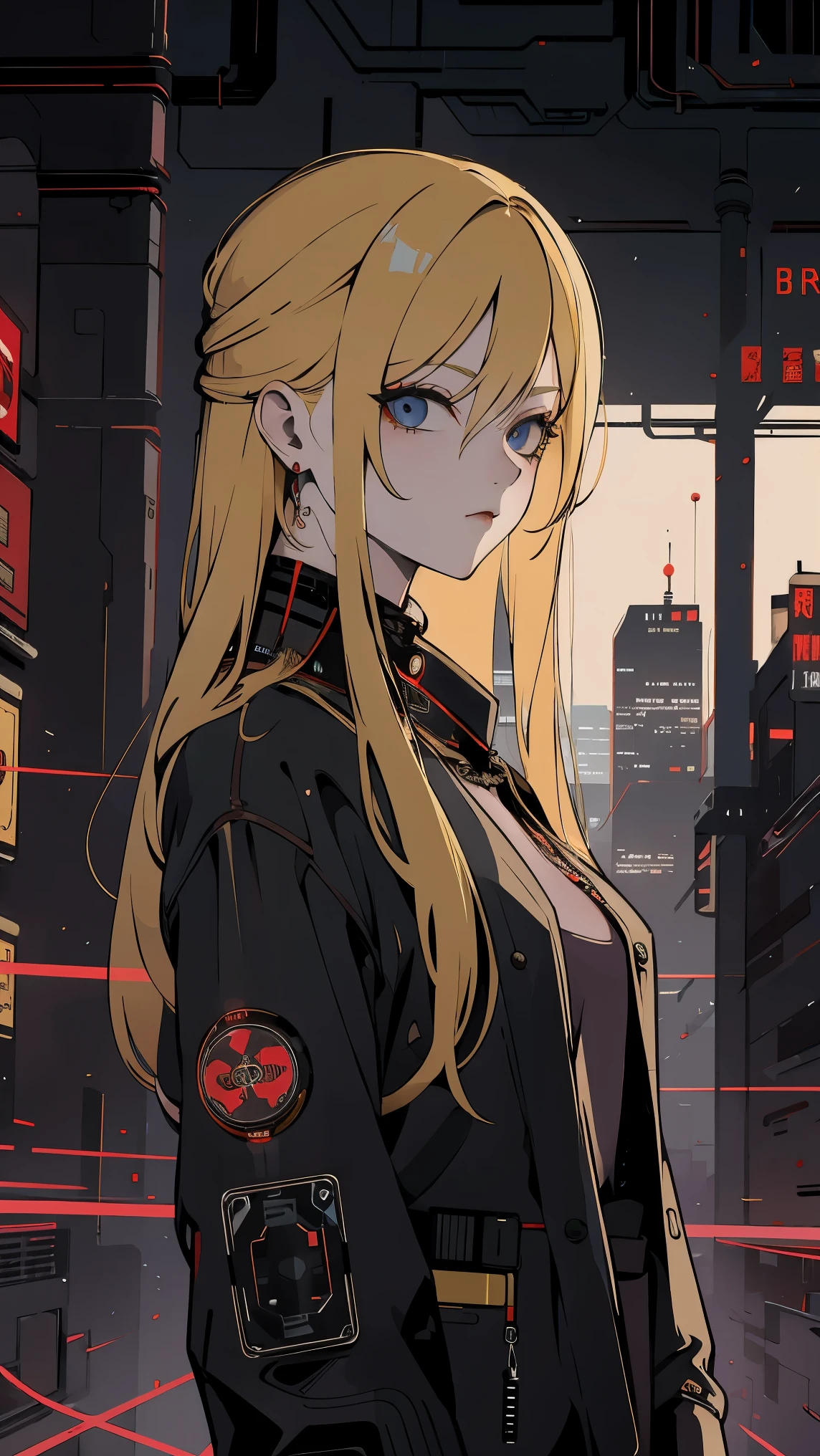 A woman with blonde hair), exist, Cyberpunk theme,  Cyberpunk City.