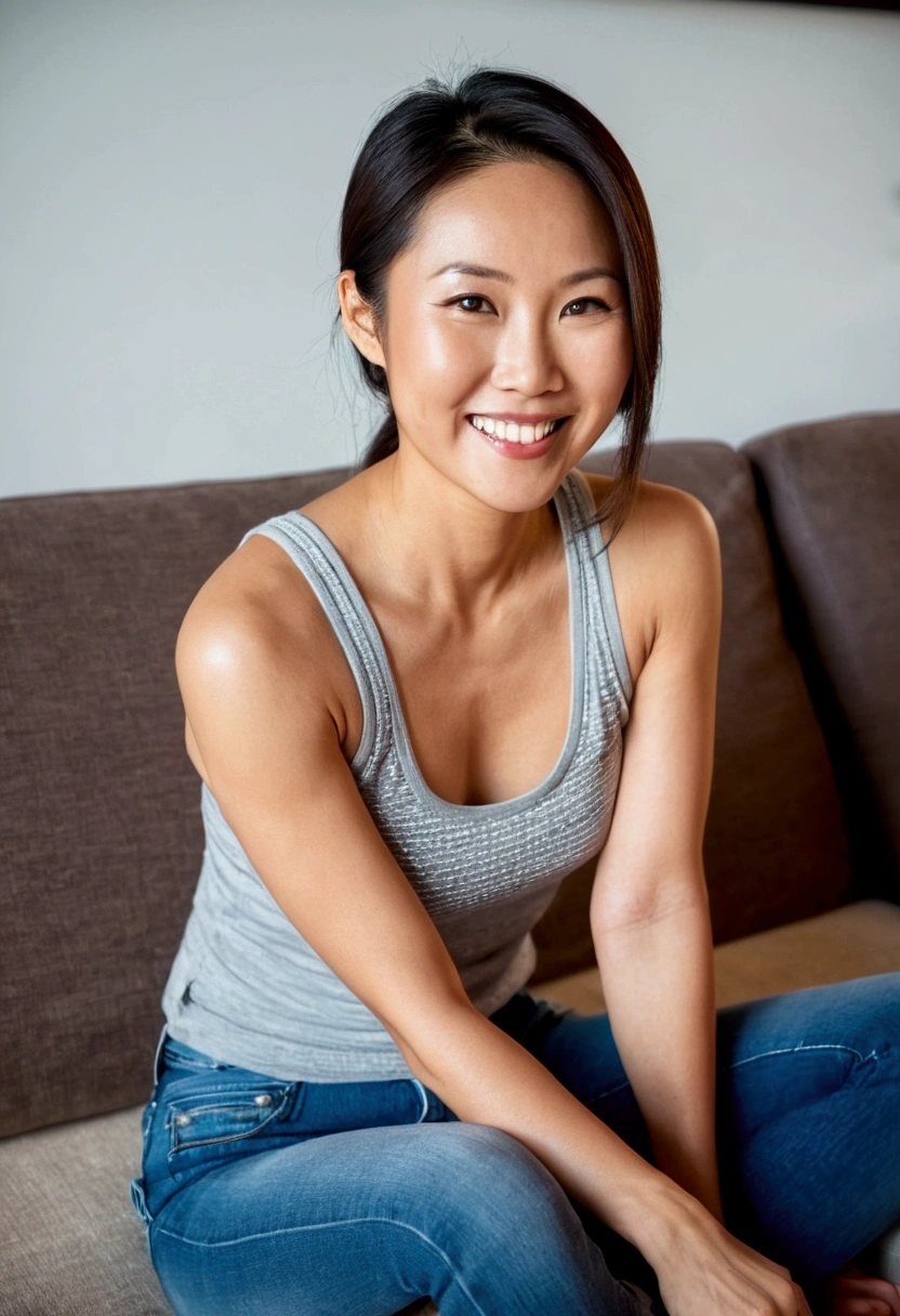 Beautiful athletic 30 year old asian woman wearing tank top and jeans sitting in living room. Smiling. Toned arma