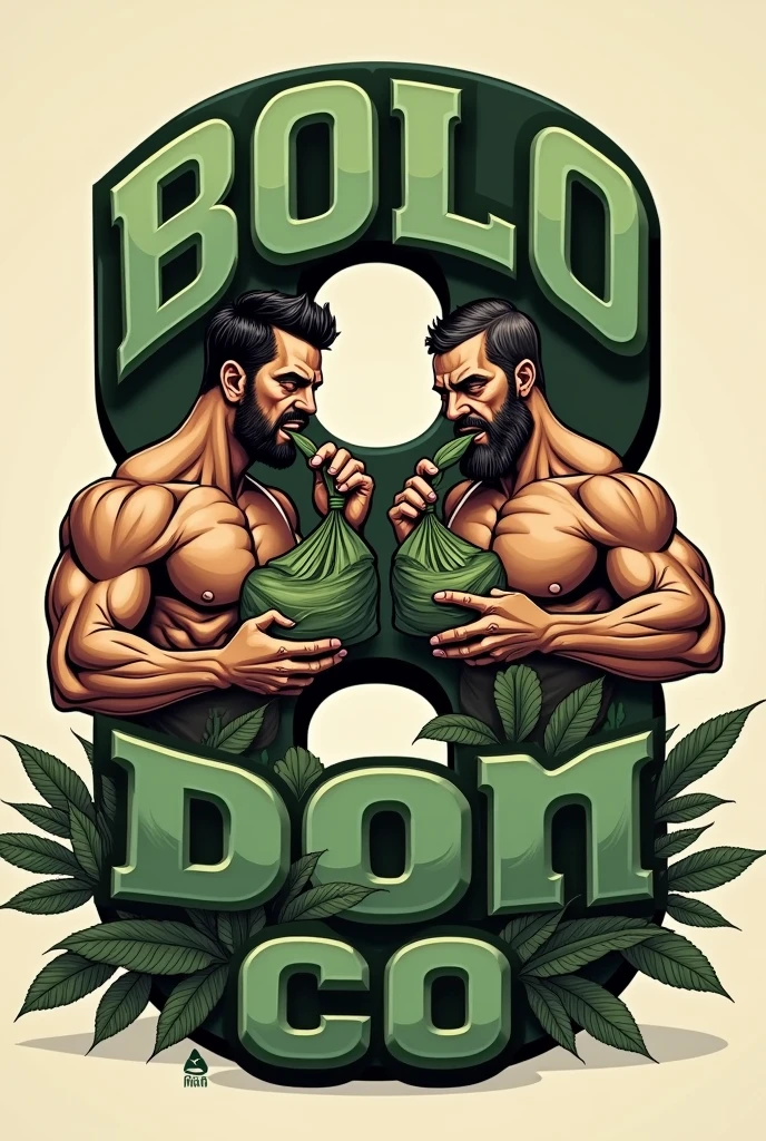 Create a logo that says bolo don co and that is inside a noticeable 8 , and there are 2 muscular men putting Bolivian coca leaves in their mouths and without a shirt and they are holding 2 bags of coca in their hands