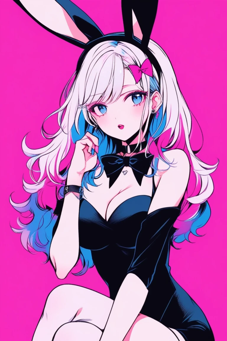 Illustrator, anime , Realistic ,sketch , 1 person, model, Age 25, lip, Sexy and skimpy playboy bunny,rabbit ears, black rabbit ears, fake rabbit ears, pantyhose, black pantyhose,bowtie, wrist cuffs, black leotard, order, Blue and pink gradient background, Neon Hair, Big Breasts, Her cleavage is visible, look back, Upper Body, Sexy look, Texture Trim, Russia, (masterpiece,Highest quality)