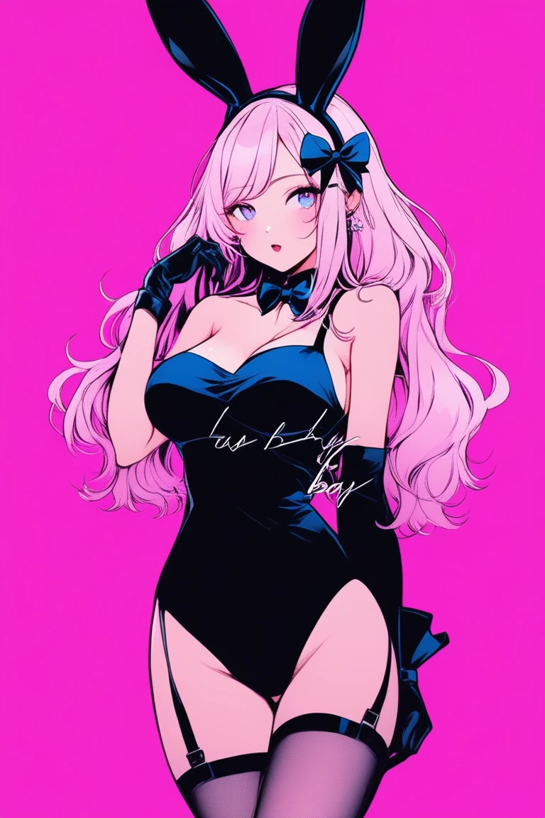 Illustrator, anime , Realistic ,sketch , 1 person, model, Age 25, lip, Sexy and skimpy playboy bunny,rabbit ears, black rabbit ears, fake rabbit ears, pantyhose, black pantyhose,bowtie, wrist cuffs, black leotard, order, Blue and pink gradient background, Neon Hair, Big Breasts, Her cleavage is visible, look back, Upper Body, Sexy look, Texture Trim, Russia, (masterpiece,Highest quality)