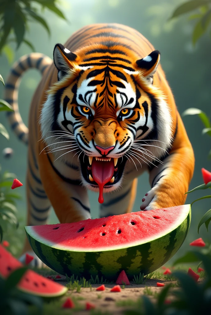 Tiger eats watermelon 