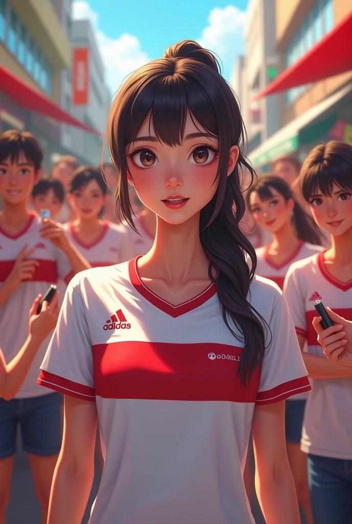 Beautiful girl with white jersey and wide stripe in red horizontal on the chest in an interview. In the background many good-humoured fans with the same jersey on the street with shops on the sides.