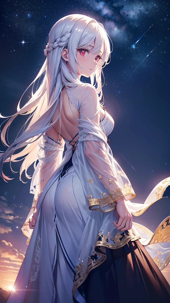 a beautiful young girl from behind with long white hair, standing alone in a vast and majestic landscape, her back to the viewer as she reaches one hand up towards the night sky full of twinkling stars, as if trying to grasp them, windblown hair flowing gracefully, (best quality,8k,highres,masterpiece:1.2),ultra-detailed,(realistic,photorealistic,photo-realistic:1.37),detailed portrait, cinematic lighting, intricate details, dramatic atmosphere, stunning vista, beautiful starry night sky, serene and peaceful mood,depth of field,from below,from behind, she's not looking at me,back of head,red eyes,small breasts,