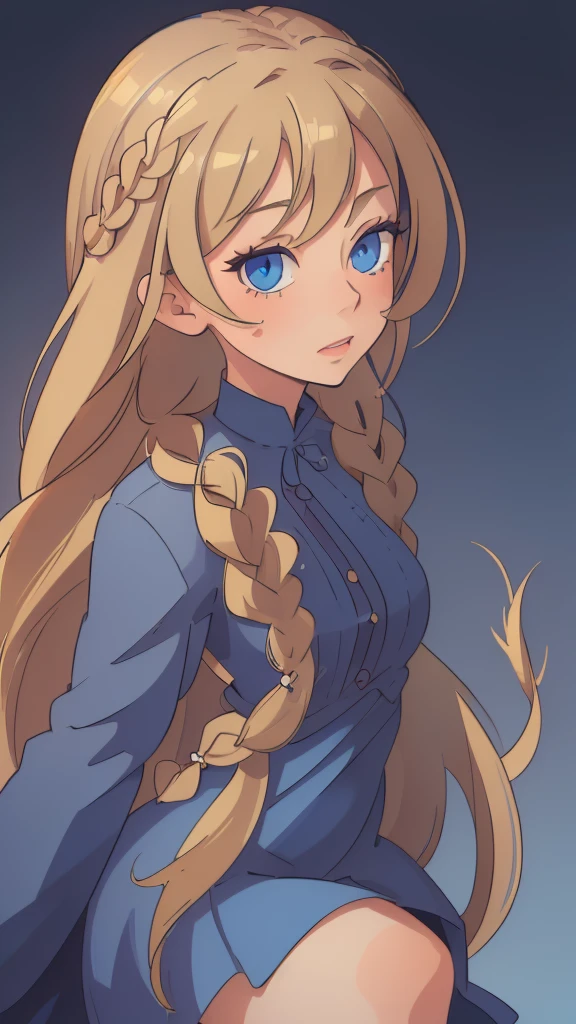 (masterpiece, best quality:1.2), 1 woman, solo, simple background, sexy woman, detailed face and beautiful, long blonde braids, blue eyes, summer dress