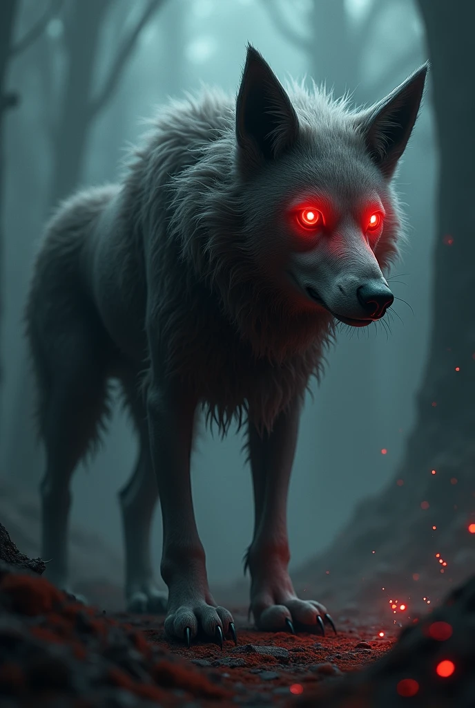 A quadrupedal canid animal, with four red eyes, with long hair