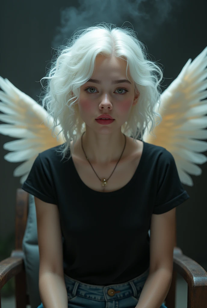 BabyGirl like a fairy face smooth skin pink lips white curly hair perfect body setting on the chair and have necklace with black t-shirt and dark smoke background with big wings of an angel