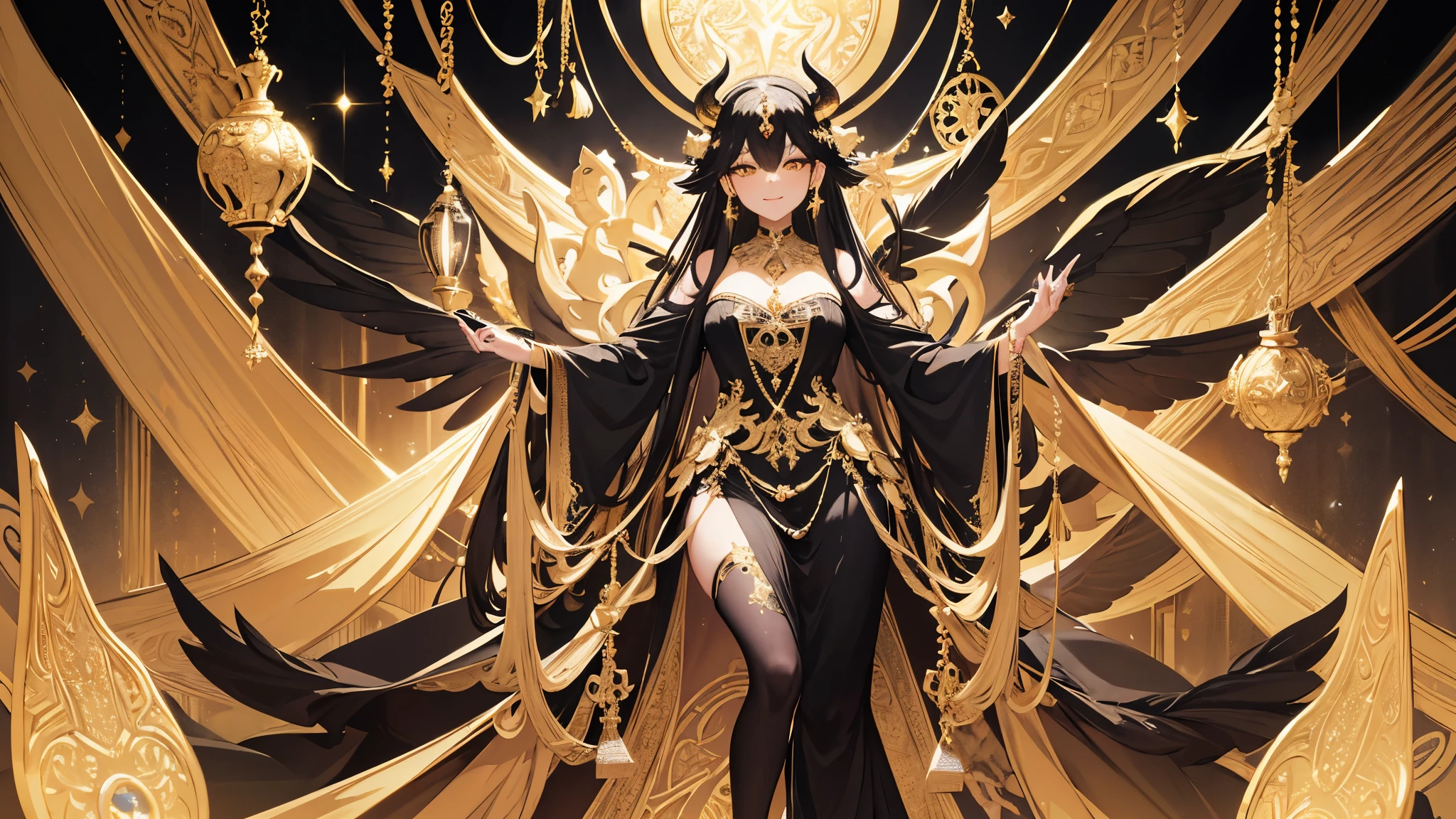 High Resolution, Masterpiece, High Quality, High Definition, artistic background, high-resolution face, 2 large black wings on her back, black dress with gold ornaments, 2 large white horns with gold ornaments, detailed seductive smile, highly detailed yellow eyes, full body, no extra limbs, no extra fingers, beautiful hands, sparkles,