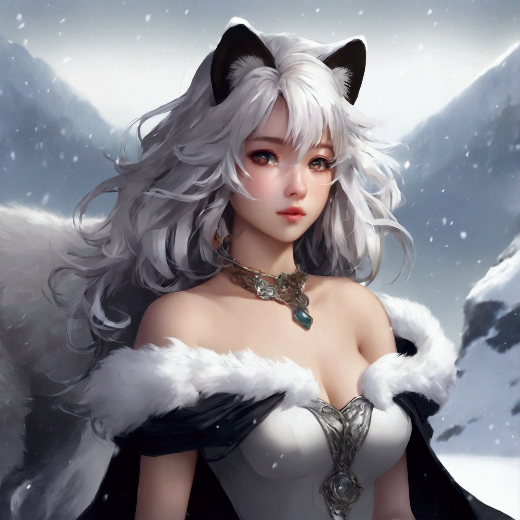 (masterpiece, best quality:1.2),1girl, upper body,tail, large tail, white hair, very long hair, wavy hair, grey eyes, detailed eyes, multicolored hair, circlet, bead necklace, animal ears, leopard ears, black cape, white dress, hip vent, pelvic curtain, grey thighhighs, snowy, snowy mountains, blizzard, volumetric lighting, subsurface scattering, cinematic lighting, chiaroscuro, floating hair, hand on own chest