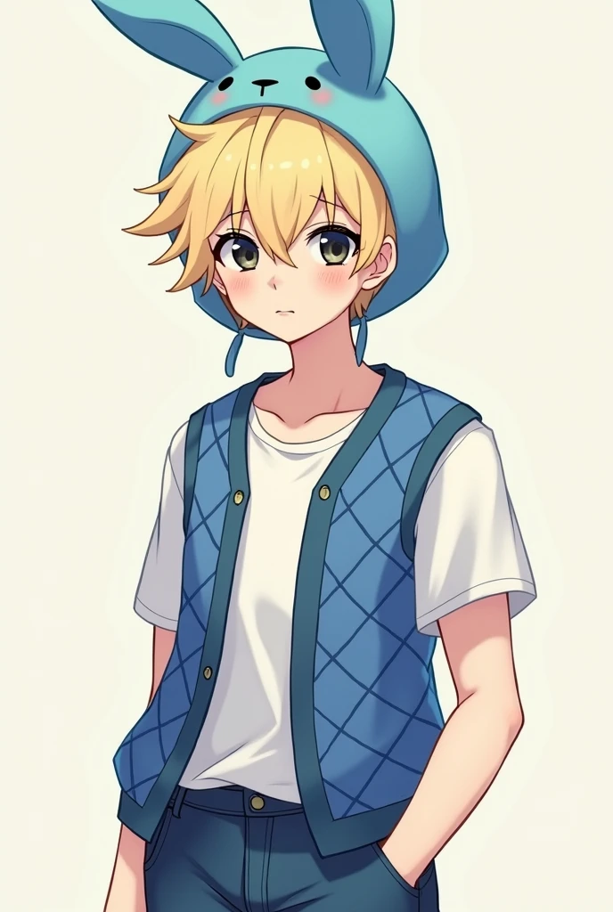 Create an anime male image. He has light skin, black eyes, wears a sky blue bunny hat, has fluffy blonde hair, wears a blue diamond-patterned vest and denim pants.