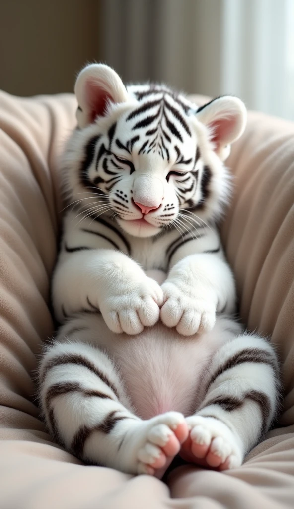 A cute white tiger cub,Real animals， With eyes closed, Cute and cuddly，Fluffy, Delicate and exquisite, Real little tiger，Leaning upright on the sofa，Furry and cute big belly，The pattern on the belly is the same as the body，My belly is very big.，The pattern on the belly is the same as the body，Strike a sexy pose,