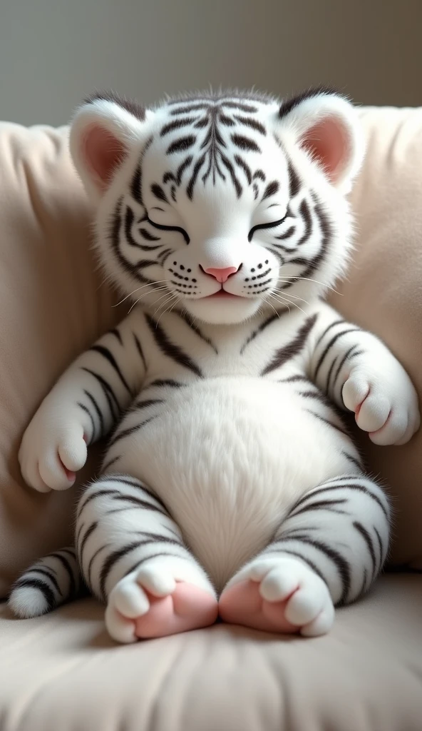 A cute white tiger cub,Real animals, With eyes closed, Cute and cuddly,Fluffy, Delicate and exquisite, Real little tiger,Leaning upright on the sofa,Furry and cute big belly,The pattern on the belly is the same as the body,My belly is very big.,The pattern on the belly is the same as the body,Strike a sexy pose,