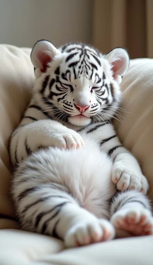 A cute white tiger cub,Real animals, With eyes closed, Cute and cuddly,Fluffy, Delicate and exquisite, Real little tiger,Leaning upright on the sofa,Furry and cute big belly,The pattern on the belly is the same as the body,My belly is very big.,The pattern on the belly is the same as the body,Strike a sexy pose,