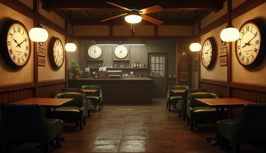 an underground Japanese coffee shop built in 1800, windowless, with six domed lights hanging from the ceiling, coffee shop tinged with a sepia tone inside, almost no light, very dark, on the wall of the cafeteria there were three large, old wall clocks, each with a different schedule, the coffee shop has three seats at the counter, Behind the counter there is a space for employees to enter and shelves with ingredients and coffee machines, and three tables for two people with chairs with cabriolet legs and moss green upholstery, on the ceiling there is a ceiling fan with three wooden blades
