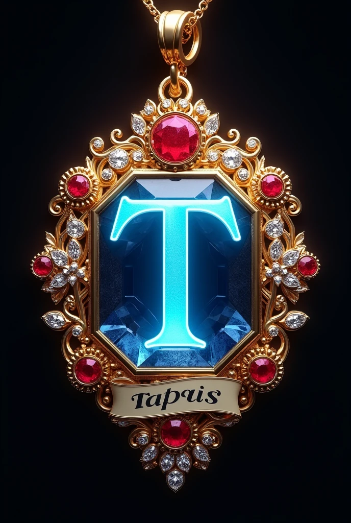 An intricately designed large isolated gold pendant. At its center is a large glowing neon blue gemstone that glows brightly And casts a blue glow around it . The pendant has a large letter ‘T’ on encased in a golden setting. Surrounding the gemstone are ornate gold floral and leaf motifs, adorned with various gemstones, including red rubies and clear white diamonds. The pendant also features a gold ring at its top, and a banner below the gemstone reads 'TAPAS'. The background is dark, emphasizing the shimmering and luxurious appearance of the pendant., photo, 3d render, typography, vibrant