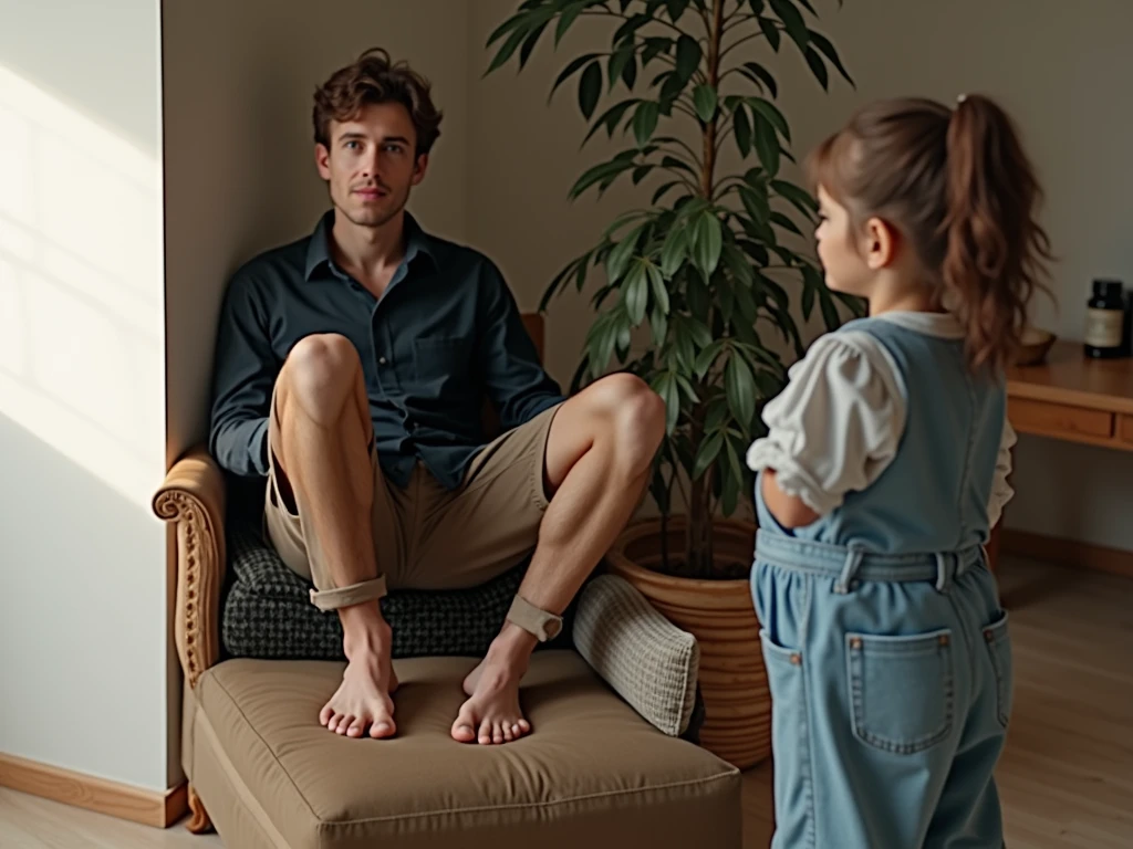 Sit on the sofa, in the simple indoor photoshoot studio,