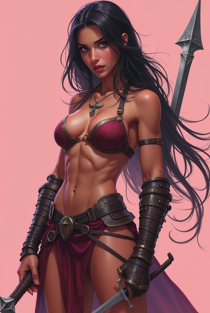 best quality,4k,8k,highres,masterpiece:1.2),ultra-detailed),HDR,UHD, ((cinematic lighting)),(melancholic:1.4),Super rich detail,(sharp edges)(stereoscopic perspective:1.4), ,a drawing of a female katopunk barbarian, (pink skintone:0.9), muscular body, feminine, huge upper body, wide shoulders, veins, beautiful face, full lips, slim face, high cheekbones, muscular, in the art style of mohrbacher, in style of peter mohrbacher
