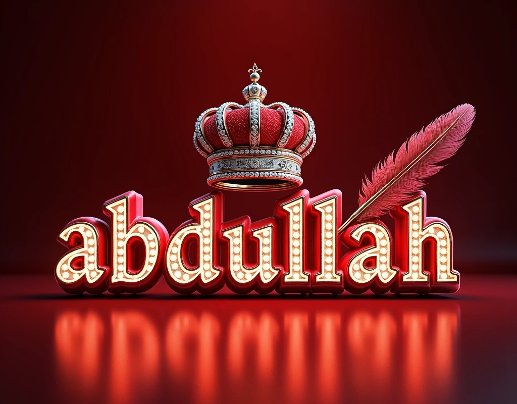 A mesmerizing and sophisticated 3D digital artwork featuring the name "Abdullah" in exquisite red,white,black lighting and diamond letters, adorned with a majestic royal red,golden,white lighting crown and a graceful feather. The bold, enchanting typography shimmers with a dusting of diamonds, illuminated by warm, silver,black,red lighting. The solid red glitter lighting background highlights the text and transforms the piece into a striking, cinematic poster. This eye-catching design masterfully combines elements of dark,red,with darkness fantasy, photography, architecture, typography, film, and 3D rendering, creating a truly enchanting visual experience that is perfect for architecture or cinema promotions and adds an unforgettable visual experience to any space. Signed by the artist "Creaciones_Celestiales CC" in the center of the image., photo, architecture, cinematic, 3d render, poster, illustration, typography
