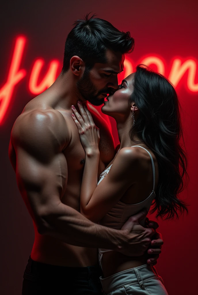 A Hot man holding a girl by her neck background is black and red and is junoon written 
