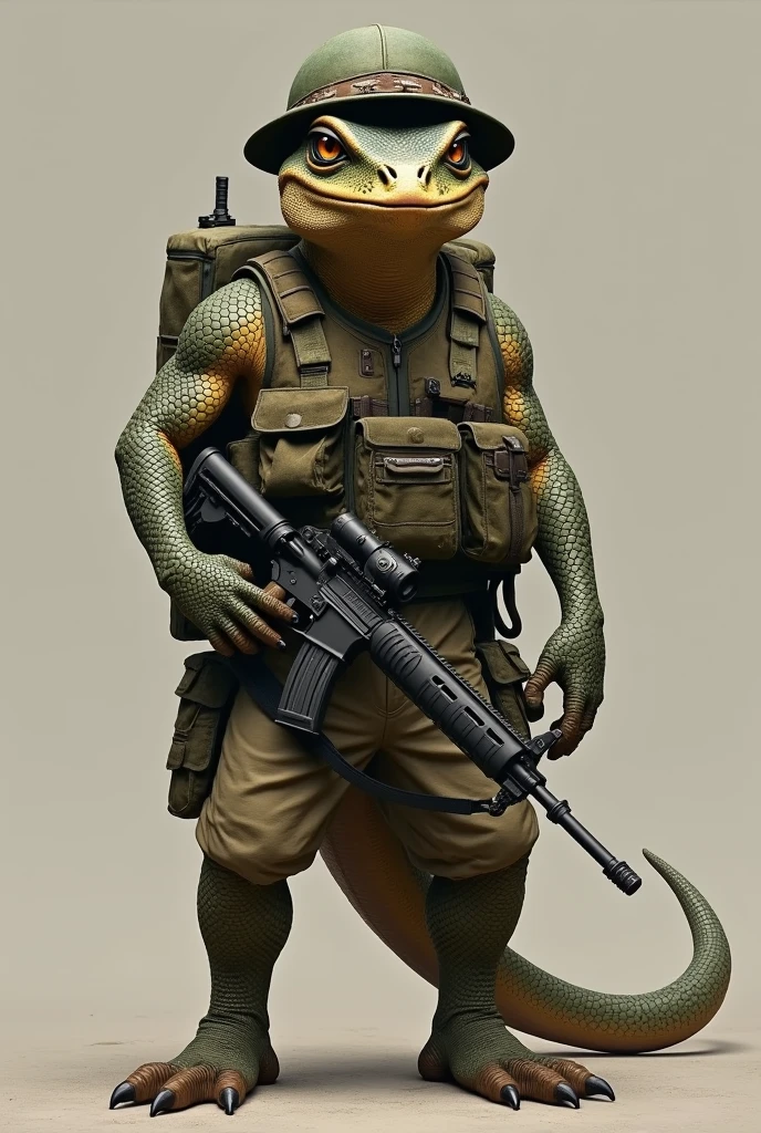 A lizard wearing a tactical hat and rifle in a khaki uniform, Khaki colored vest, black belt and without wearing a backpack