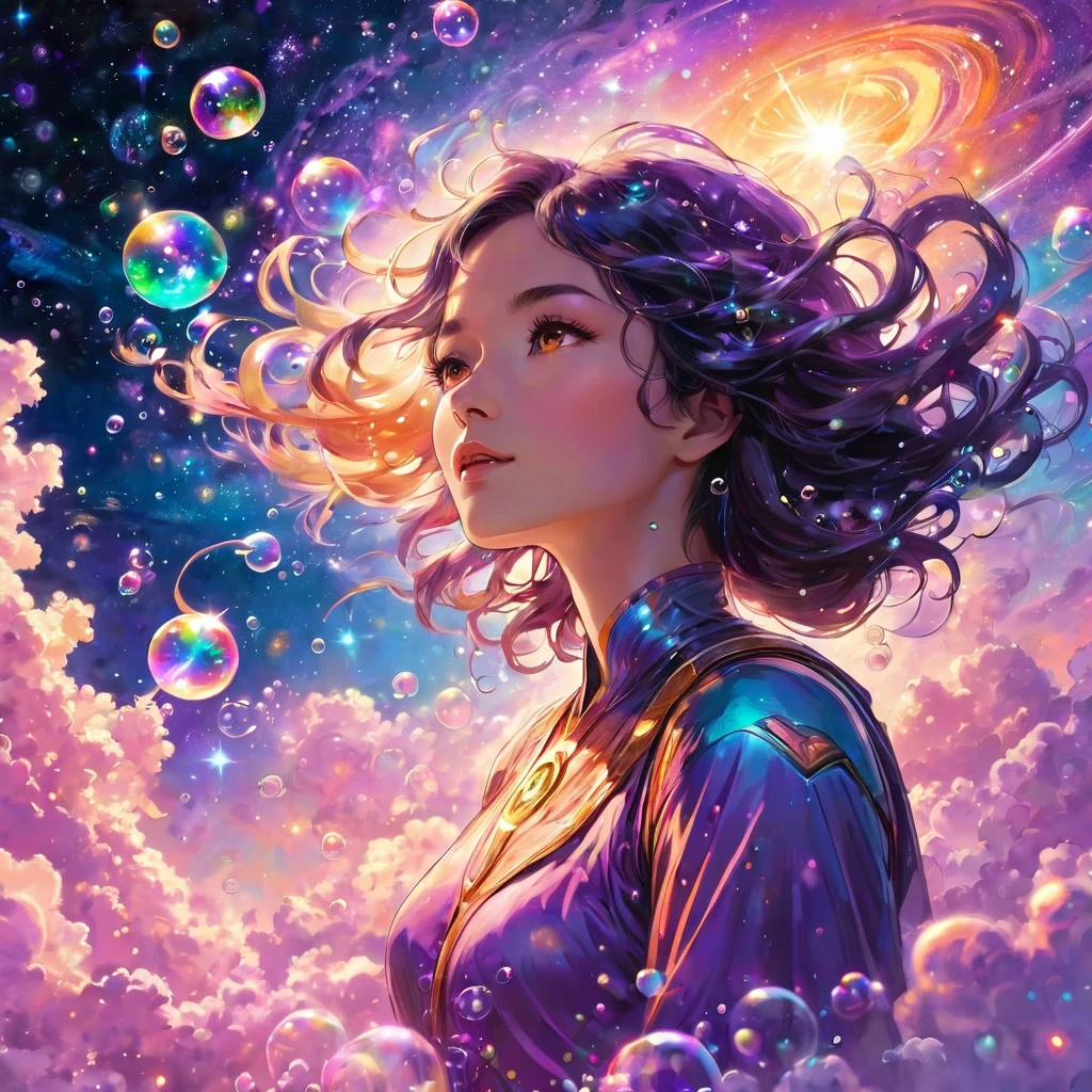 A beautiful woman floating in a vast cosmic space, surrounded by shimmering galaxies and nebulae. She is at the center of the universe, she is holding a wand in one hand that she blows lots of bubbles through, bubbles everywhere floating about, each bubble contains a universe, she is making the multiverse with each bubble,she is bathed in gentle shades of pink, orange, and soft purple. She radiates relaxation, the light of love permeating her entire being, and a profound sense of inner peace. The feeling of discovery and transcendence, an infinity symbol with shooting stars in the background.