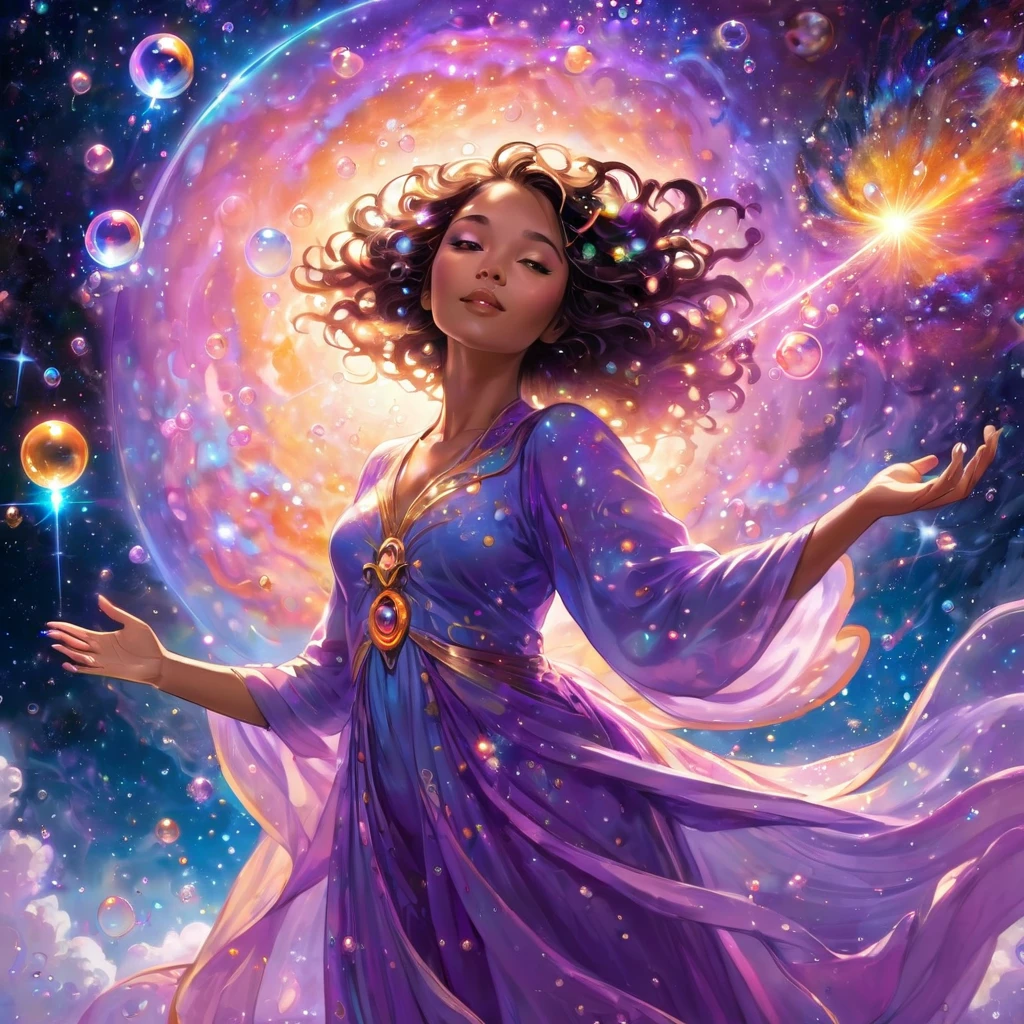 A beautiful woman floating in a vast cosmic space, surrounded by shimmering galaxies and nebulae. She is at the center of the universe, she is holding a wand in one hand that she blows lots of bubbles through, bubbles everywhere floating about, each bubble contains a universe, she is making the multiverse with each bubble,she is bathed in gentle shades of pink, orange, and soft purple. She radiates relaxation, the light of love permeating her entire being, and a profound sense of inner peace. The feeling of discovery and transcendence, an infinity symbol with shooting stars in the background.