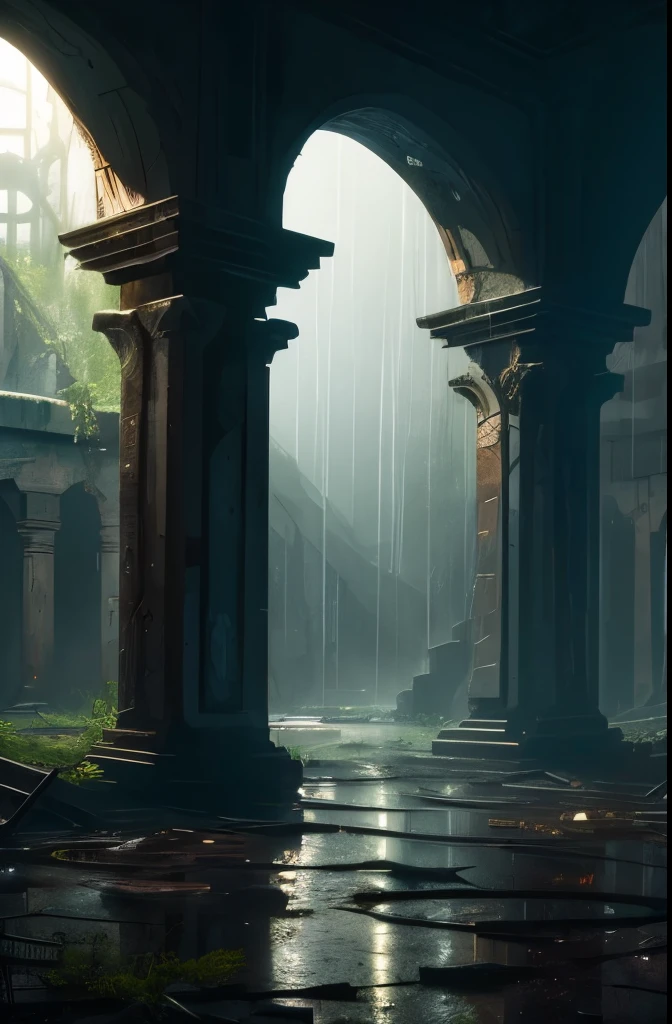 (best quality, masterpiece),( dark sky, heavy rain, inside abandoned temple, low water level stagnant water, ), realistic background, 2112, light*_black_particle,