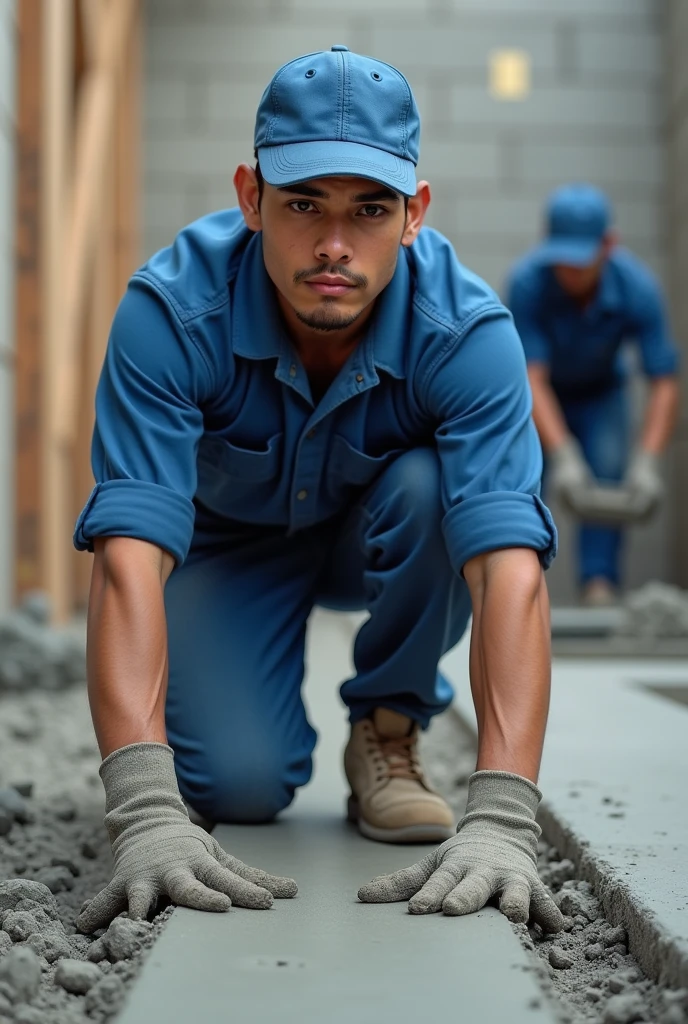  Young slim Latino man with cap and blue uniform making a concrete floor and another man in the background preparing concrete 