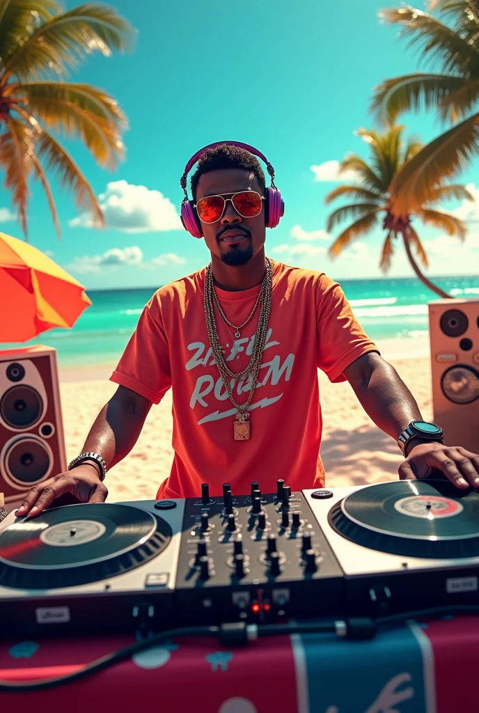 a hip hop dj, 8k, alta qualidade, multiple colors, hip hop clothed, carrying a large boombox radio speaker, turntables, speakers, vinyl records, epic, beach background 