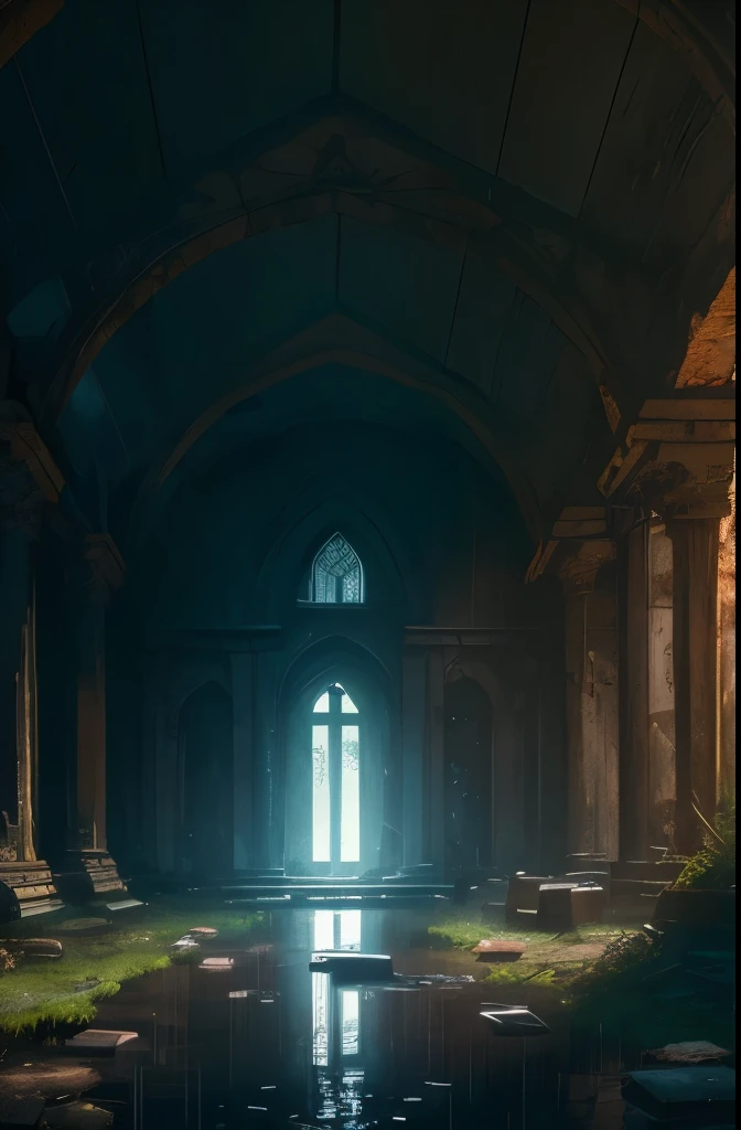 (best quality, masterpiece),( dark sky, heavy rain, inside abandoned temple, low water level stagnant water, ), realistic background, 2112, light*_black_particle,