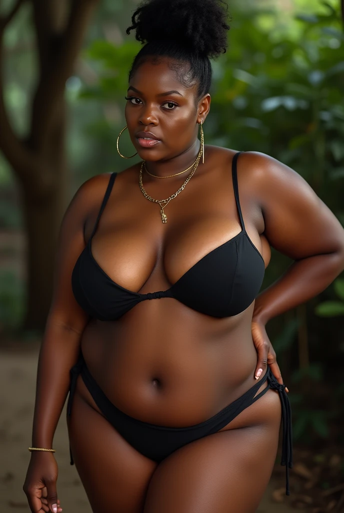 Giantess African tribes woman, ((3 meters tall)) massive breasts covered by a shirt, muscular, thicc, Wearing a indigenous skirt. In a jungle, Giant woman, head reaching The sky. Massive woman, Giant thighs, ASS and body. ((Picking up a man))