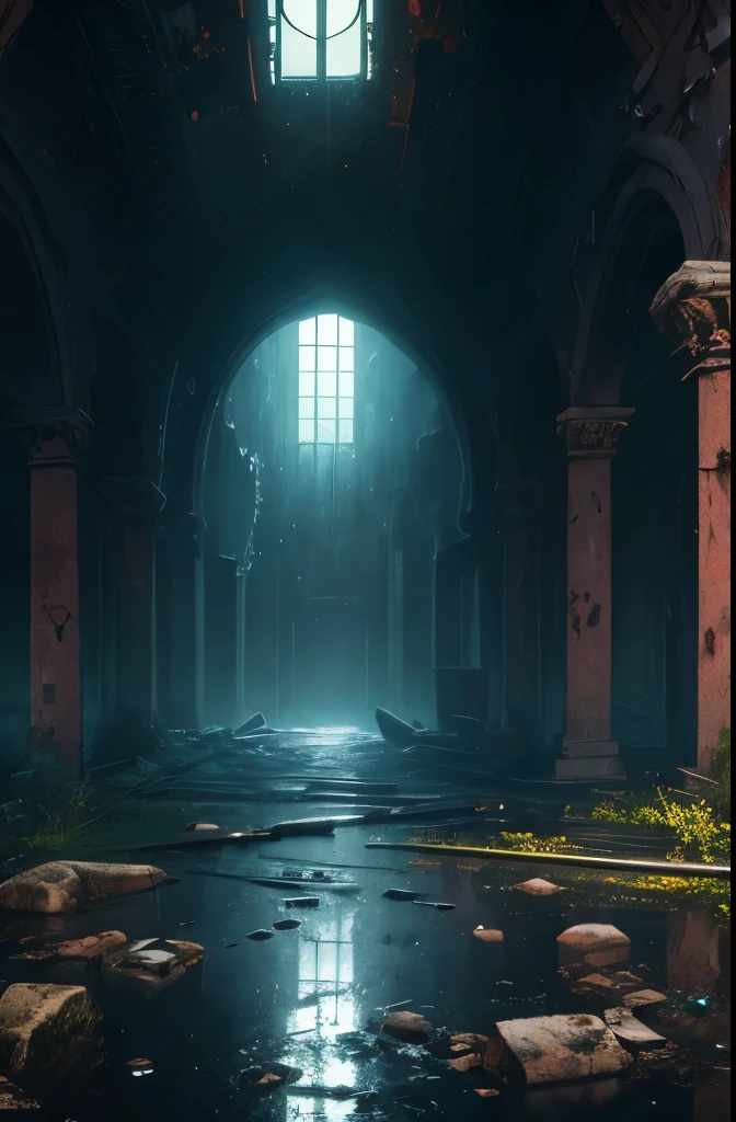 (best quality, masterpiece),( dark sky, heavy rain, inside abandoned temple, low water level stagnant water, ), realistic background, 2112, light*_black_particle,